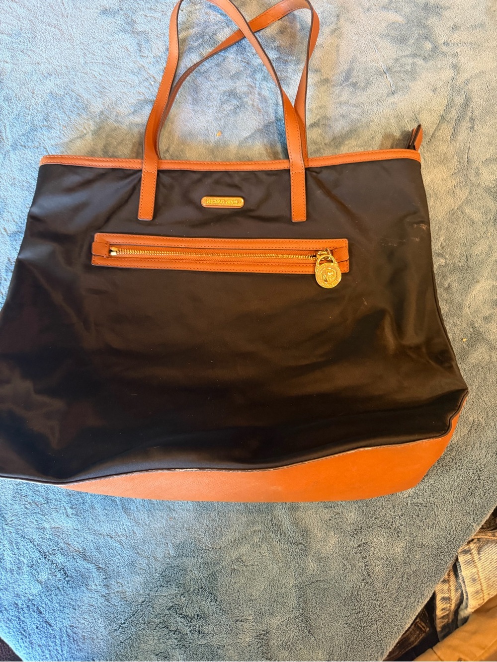 Black and Tan Tote Bag with Front Zip Pocket